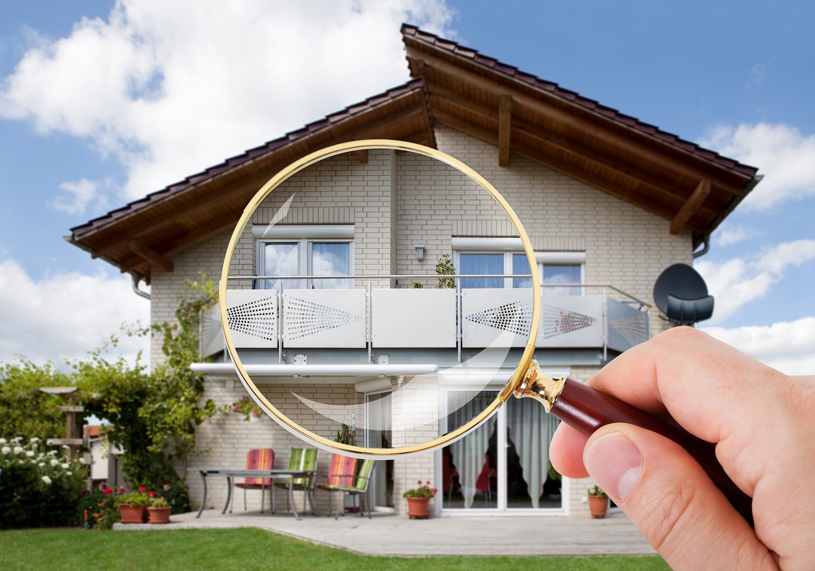 Person Hand With Magnifying Glass Over Luxury House